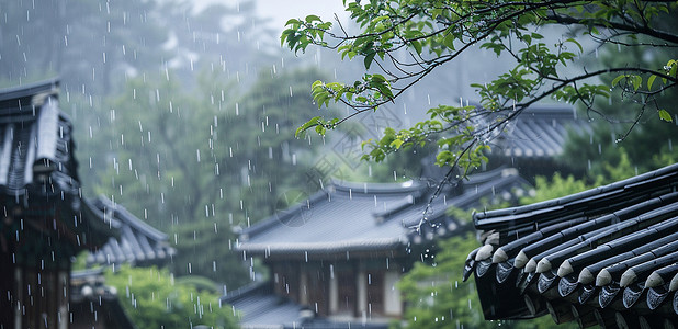 清明节大雨中美丽建筑背景图片