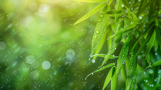 绿竹子春天雨中唯美绿色调风景插画