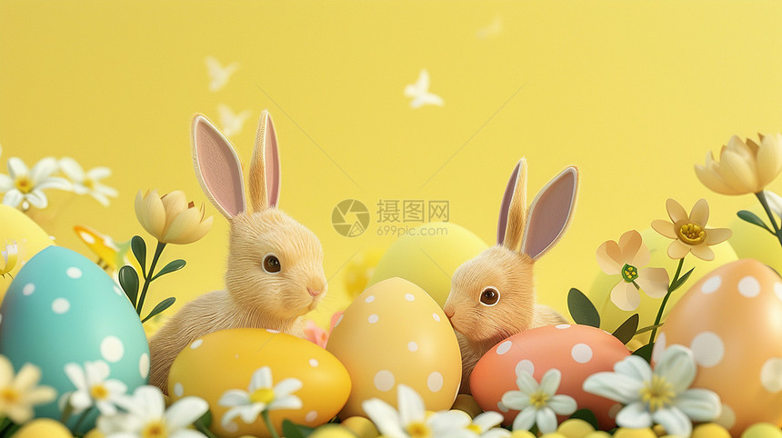 复活节两只可爱的卡通小兔子在彩色蛋旁图片