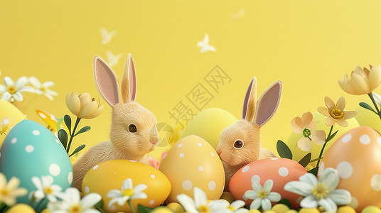 黄色彩蛋复活节两只可爱的卡通小兔子在彩色蛋旁插画