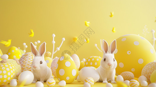 可爱小兔子彩蛋复活节两只可爱的卡通小兔子在彩色蛋旁插画