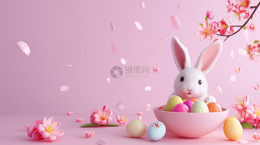在装满彩色蛋碗旁一只可爱的兔子图片