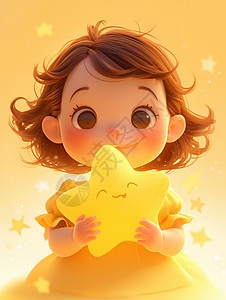 黄色立体按钮双手捧着黄色星星开心笑的小女孩插画