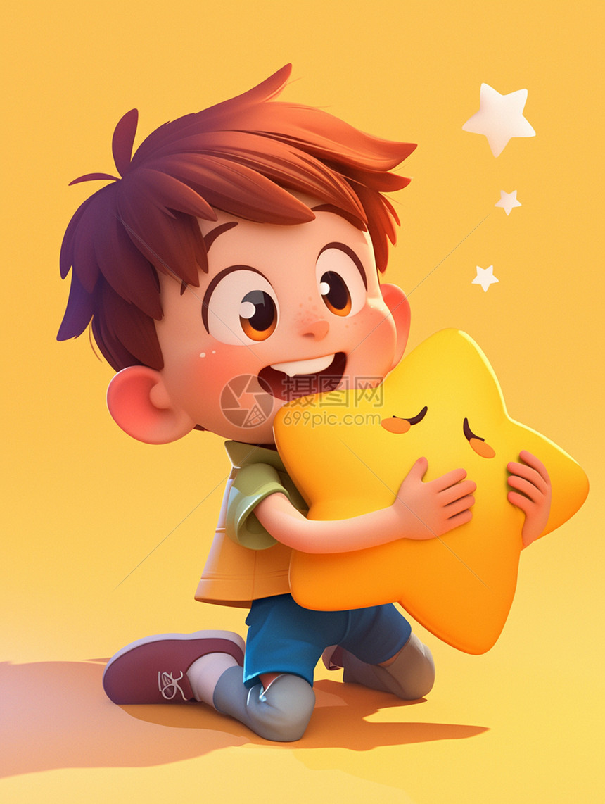怀抱着黄色大星星开心笑的可爱小男孩图片
