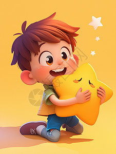 怀抱着黄色大星星开心笑的可爱小男孩背景图片