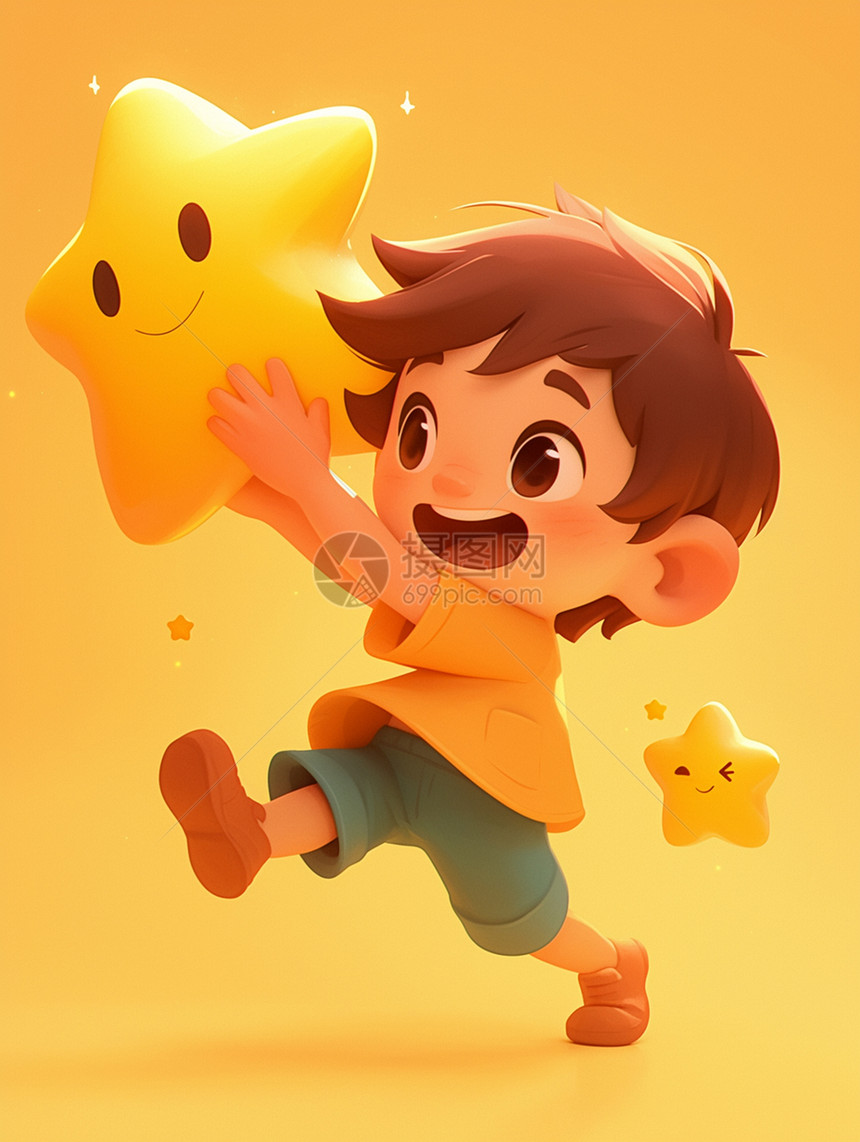 怀抱着黄色大星星的可爱卡通小男孩图片
