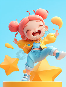 头发3d素材在星星舞台上开心跳舞的粉色头发卡通小女孩插画