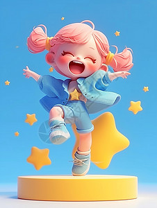 蓝色头发女孩在星星舞台上开心跳舞的粉色头发小女孩插画