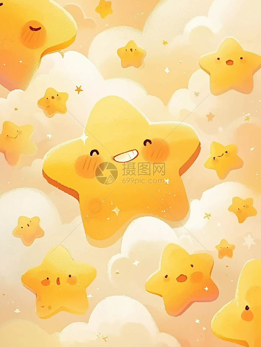 云朵间黄色可爱的卡通小星星图片