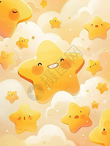 黄色耀眼星星云朵间黄色可爱的卡通小星星插画