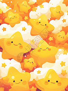 黄色耀眼星星云朵间黄色可爱的小星星插画