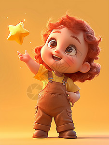红色立体星星红色头发立体可爱的卡通小女孩与黄色小星星插画