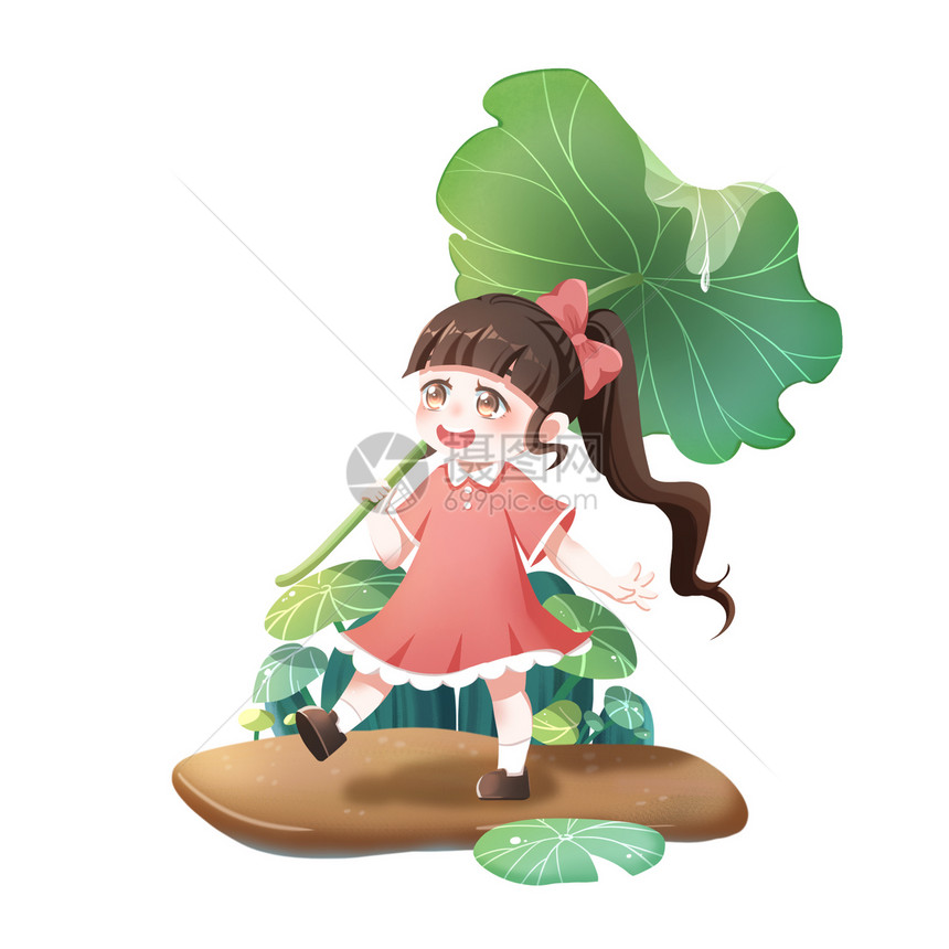 绿色春天小女孩与荷叶插画元素图片