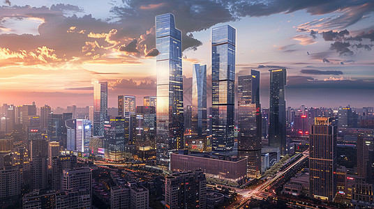 夜景摄影图现代繁华高楼大厦大都市插画