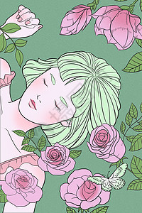 绿色玫瑰清新玫瑰花美女线描手绘插画插画