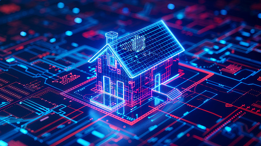科技线路板芯片上一座科幻霓虹光的可爱小房子插画