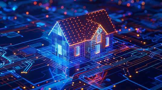 线路板芯片在芯片上一座科幻霓虹光的可爱小房子插画