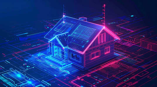 芯片线路板一座科幻霓虹光的可爱小房子插画
