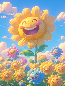 大朵白云大朵卡通太阳花在花丛中插画