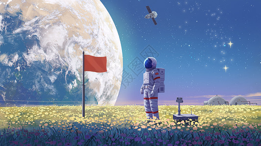 红旗村月球基地上的宇航员插画