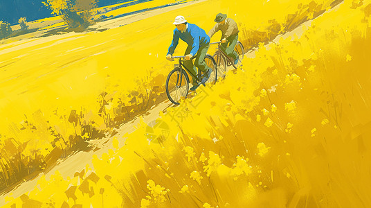 两个骑着自行车在油菜花丛中的卡通人物背景图片