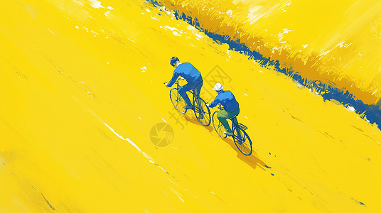 骑着自行车在油菜花丛中的卡通人物背景图片