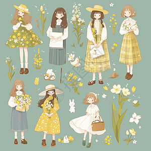 黄绿色调可爱的卡通小女孩与小清新植物插画