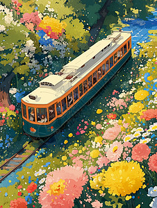 在火车春天在户外行驶的卡通列车插画