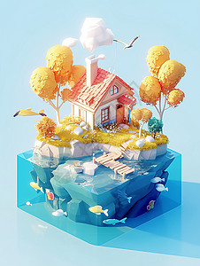 小岛上一座立体卡通房子背景图片