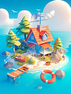 小岛上一座立体小房子背景图片