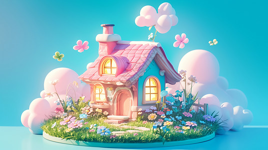 云朵上草地中一座粉色屋顶卡通小房子高清图片