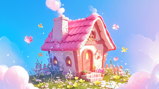 草屋顶云朵上草地中一座粉色屋顶卡通小房子插画