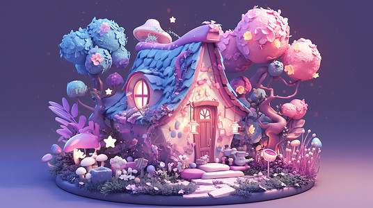 夜晚亮着灯的紫色可爱立体卡通小房子背景图片