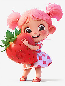 草莓卡通女孩抱着大大的草莓的可爱粉色头发小女孩插画