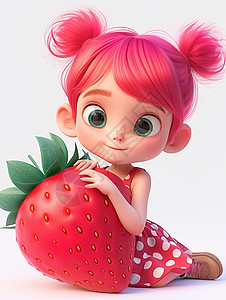 抱着大大的草莓的可爱粉色头发小女孩背景图片