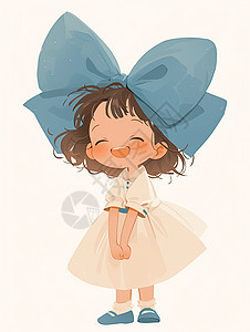 蝴蝶结白色头上戴着大大的蓝色蝴蝶结面带微笑的小清新卡通女孩插画