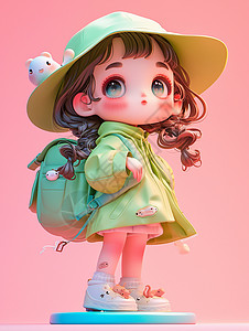 绿色帽子戴着大大的帽子背着书包的立体可爱卡通小女孩插画