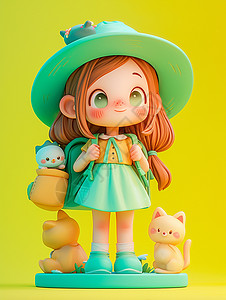 绿色帽子戴着大大的帽子背着书包的立体卡通小女孩插画