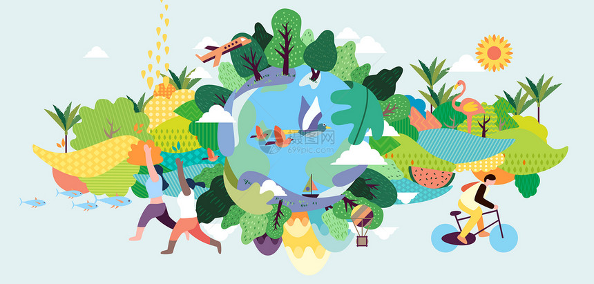世界地球日地球健康运动户外扁平风横版插画图片