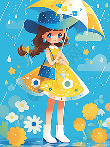 蓝色遮阳帽戴着大大的遮阳帽穿着黄色连衣裙的小女孩插画
