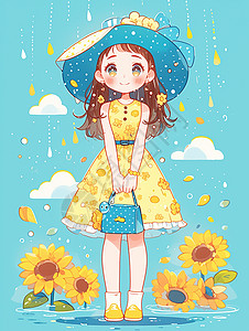 插画太阳花头戴遮阳帽穿着黄色连衣裙的可爱小女孩插画