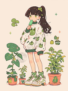 栀子花盆栽春天在植物旁吃雪糕的小女孩插画
