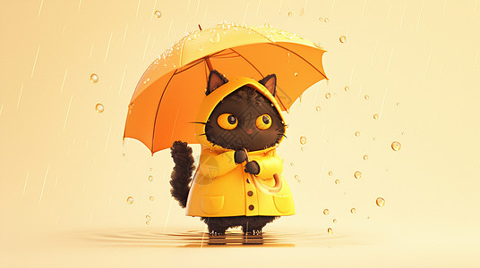 雨伞雨衣雨中穿着黄色雨衣举着雨伞的小猫插画