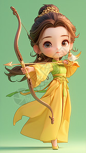 古风弓箭素材穿着黄色古风服装手拿弓箭的卡通女人插画