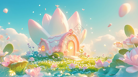 草地上一座花朵主题可爱的卡通小房子背景图片