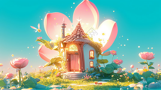 一座花朵主题可爱的卡通小房子背景图片