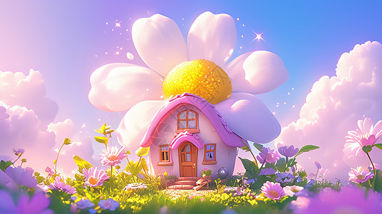 春天在草地上一座花朵主题可爱的房子背景图片