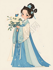 日本可爱小美女手拿花朵可爱的古风装扮卡通小美女插画
