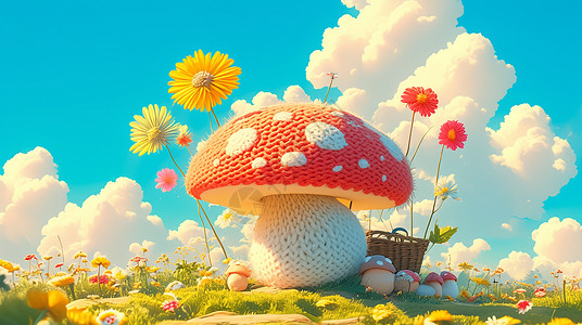 毛线蘑菇春天开满花朵的草地上一个可爱的蘑菇插画