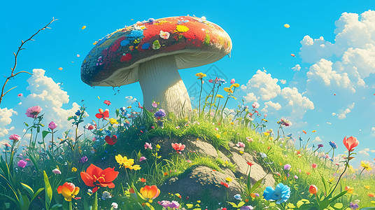开满花朵的草地上一个可爱的卡通毛线蘑菇插画